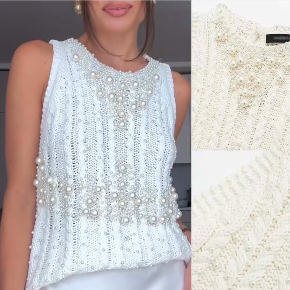 Zara Tops - Zara NWT ecru knit top with faux pearls 2142/194